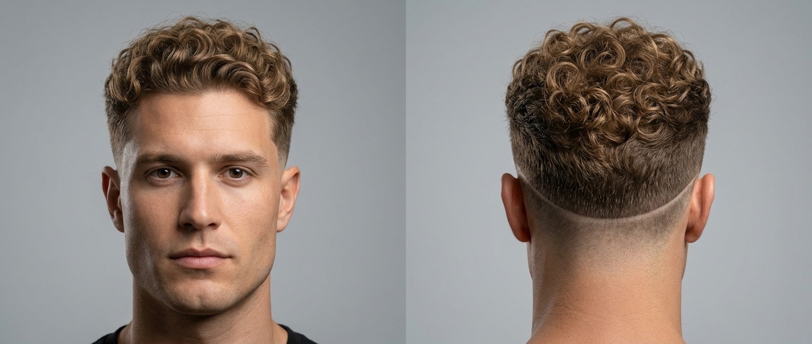 Vista frontal e lateral de um homem com corte curly drop fade, cachos tipo 3 castanhos e degradê na pele.