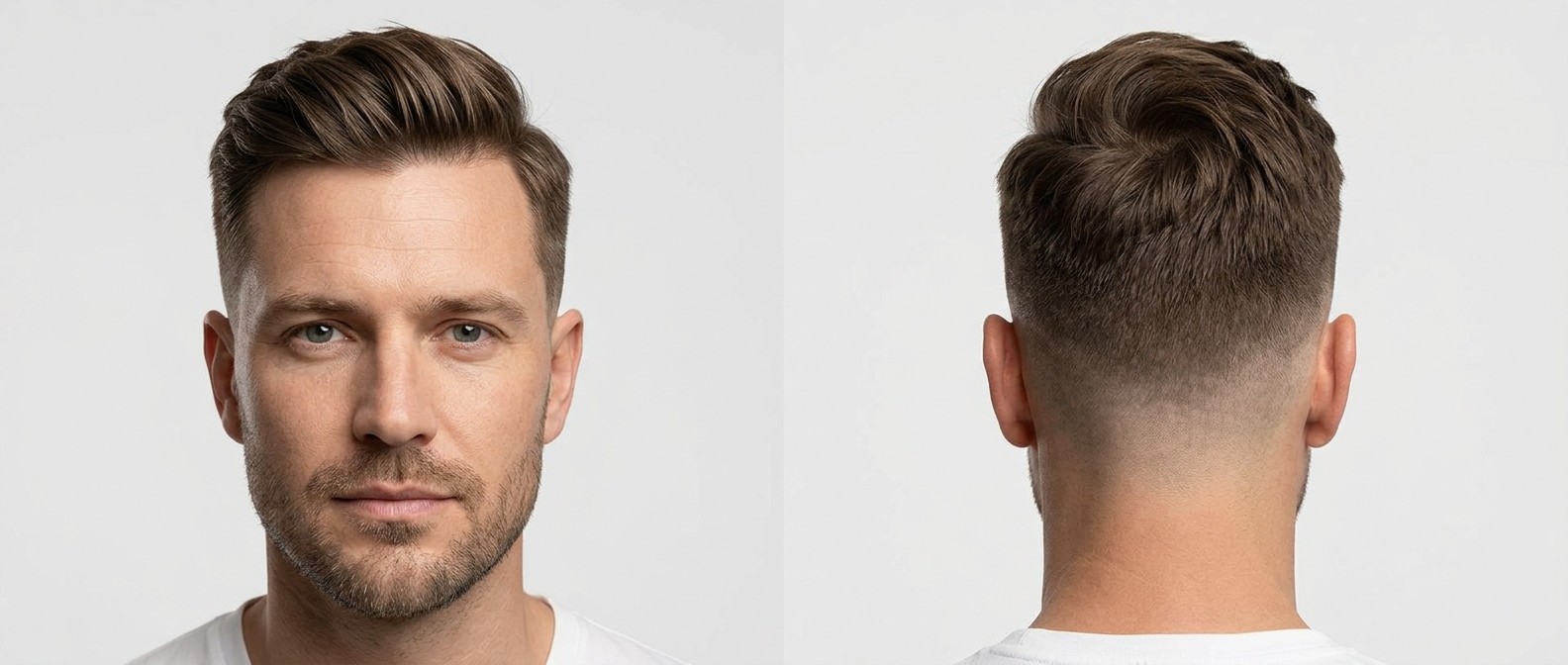 Vista frontal e traseira de um homem de 40 anos com corte drop fade profissional, topo texturizado e barba por fazer.