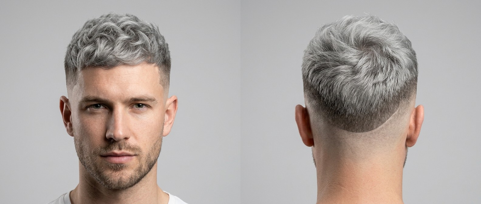 Widok z przodu i z boku na młodego mężczyznę z fryzurą silver textured crop top, mid drop fade i lekkim zarostem.