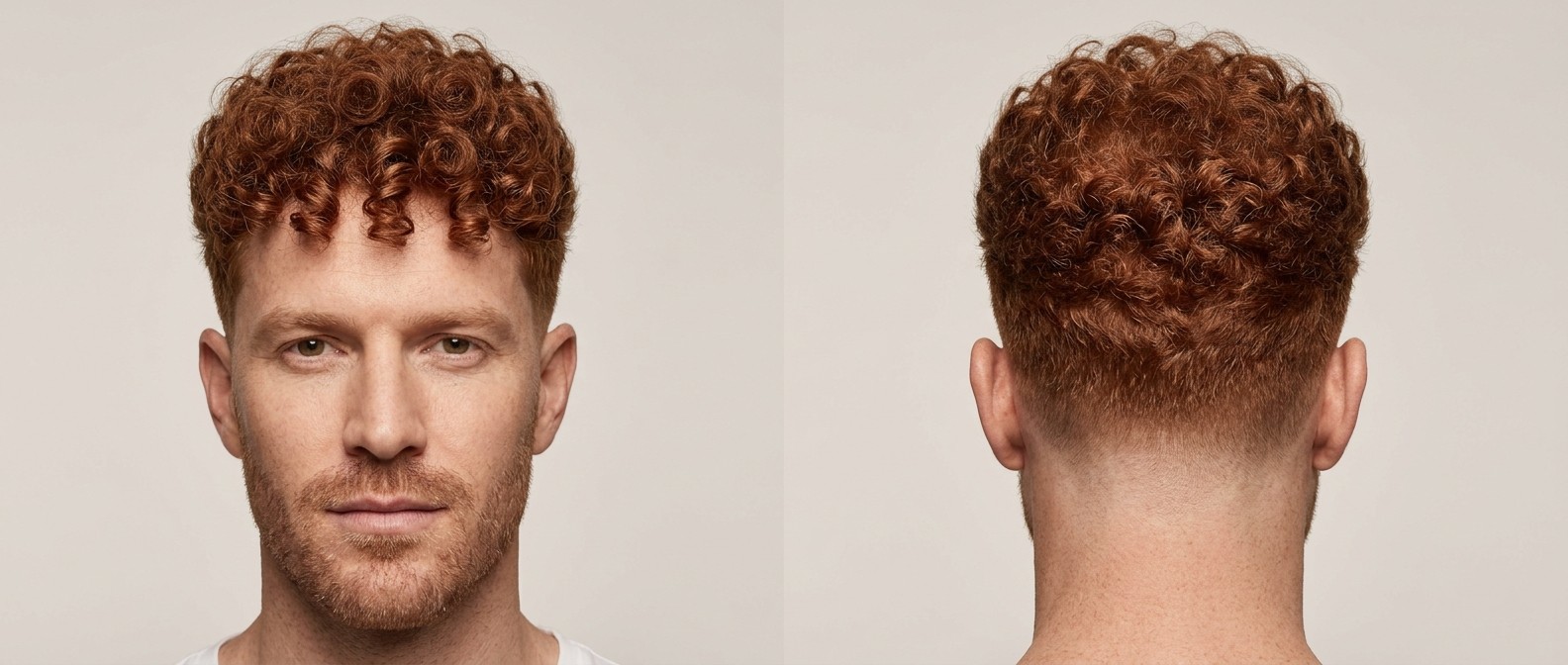 Front and back view of a 35-45 year old Caucasian man with red hair, featuring a tight drop fade and thick, highly defined curly fringe on top.