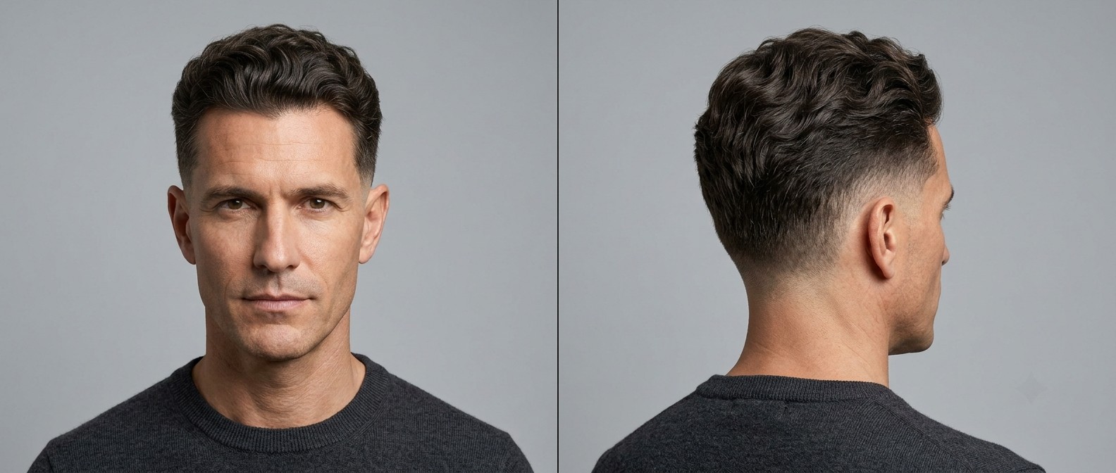 Mature Caucasian man with dark brown wavy hair styled in a swept-back drop fade, showcasing natural texture and a clean-shaven diamond face shape.