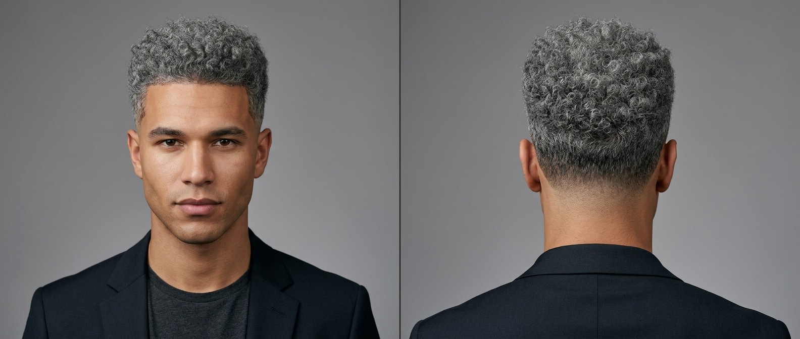 Young man with medium skin modeling a crisp silver curly drop fade, featuring dense type 4 coils on top and a sharp geometric hairline edge-up.