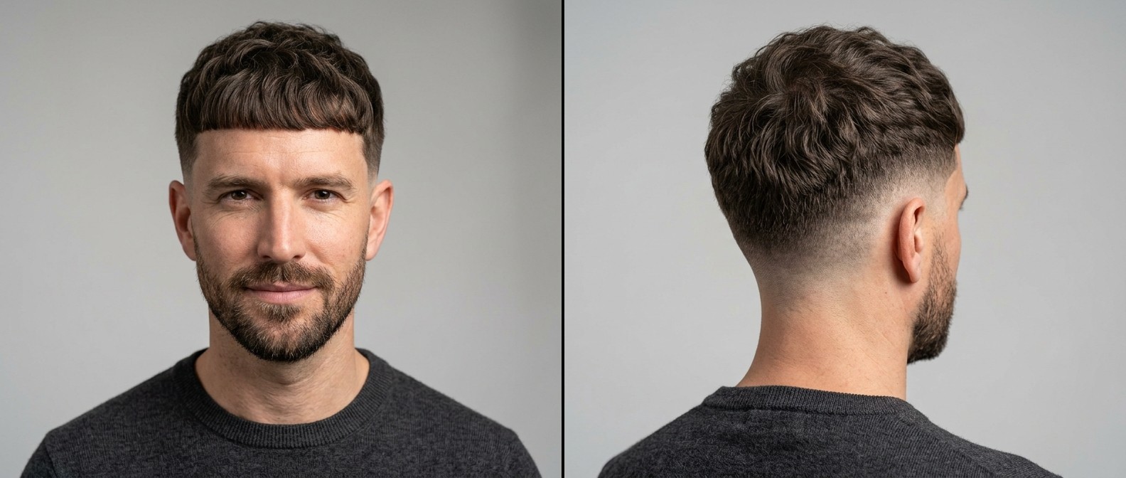 Homme aux cheveux châtain foncé ondulés portant un Edgar cut texturé avec frange droite, dégradé à blanc et barbe courte bien taillée.