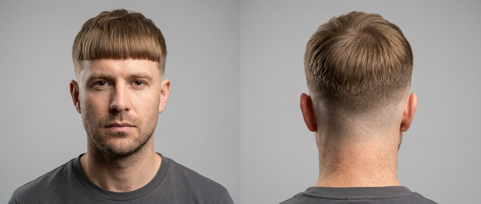 Mężczyzna z brązowymi włosami w fryzurze Edgar cut z prostą grzywką i wysokim cieniowaniem skin fade.