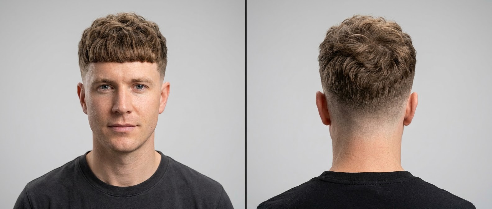 Vista frontal y trasera de un hombre con cabello castaño claro ondulado con un corte Edgar texturizado, flequillo recto y un mid drop fade limpio.