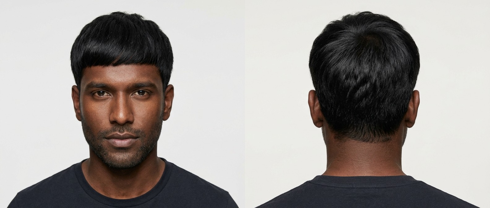Widok z przodu i z tyłu na modela z ciemnymi, gęstymi włosami w naturalnym cięciu Edgar z prostą grzywką i niskim cieniowaniem.