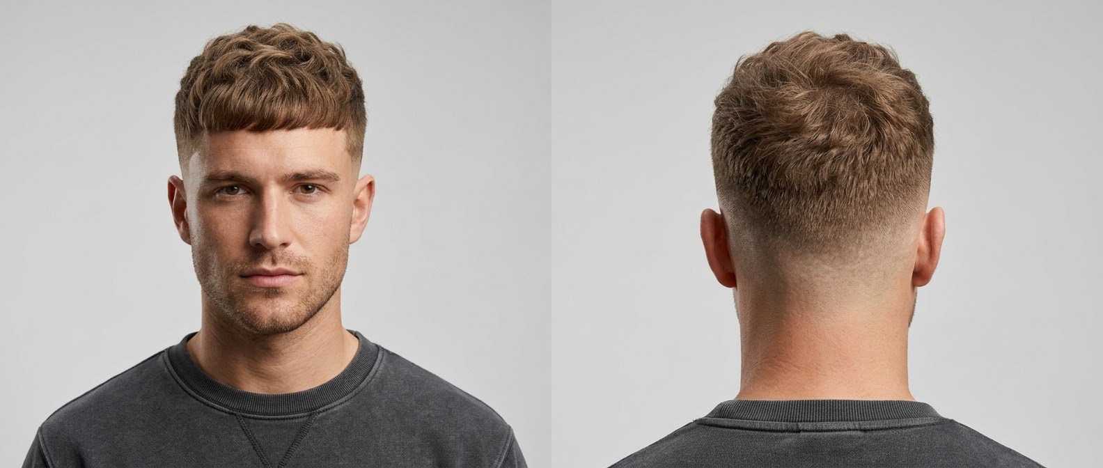 Młody mężczyzna z gęstymi, falowanymi włosami w fryzurze textured Edgar cut z prostą grzywką i precyzyjnym mid skin fade.