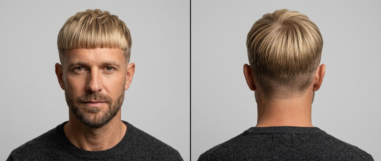 Vistas frontal y trasera de un hombre de más de 45 años con corte Edgar rubio, flequillo recto, high skin fade desconectado y barba corta.