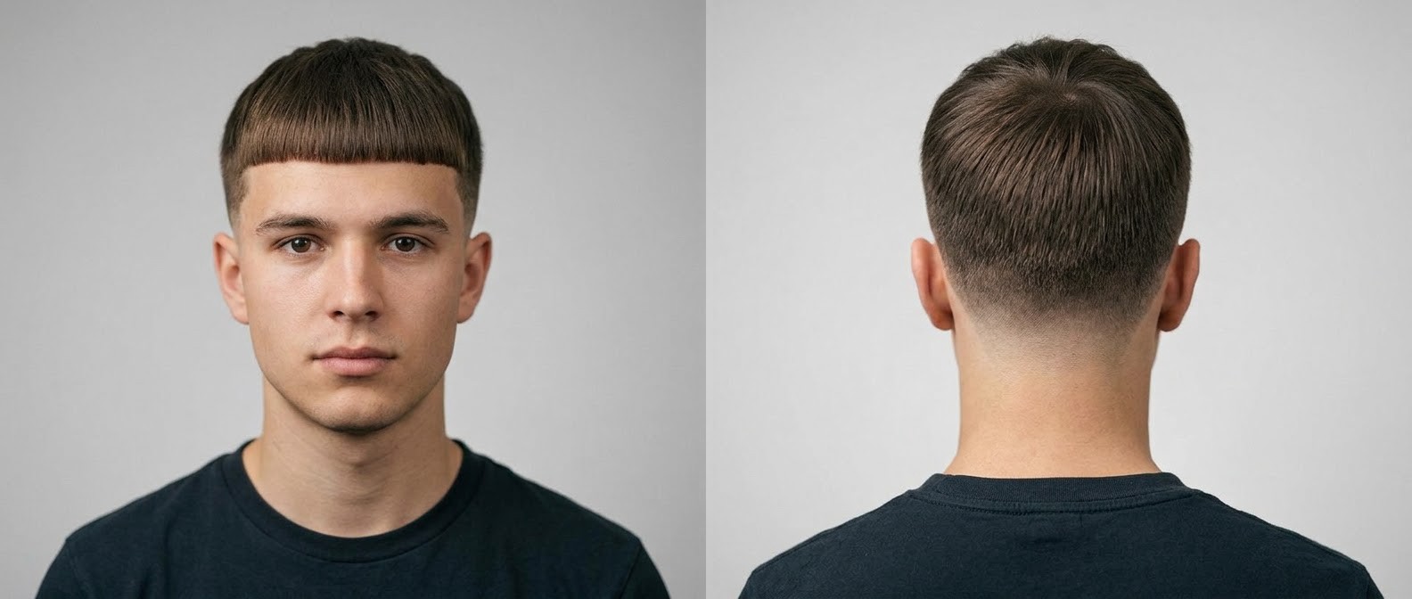 Vista frontal y trasera de un joven con corte Edgar clásico lacio, flequillo recto marcado y degradado mid fade.