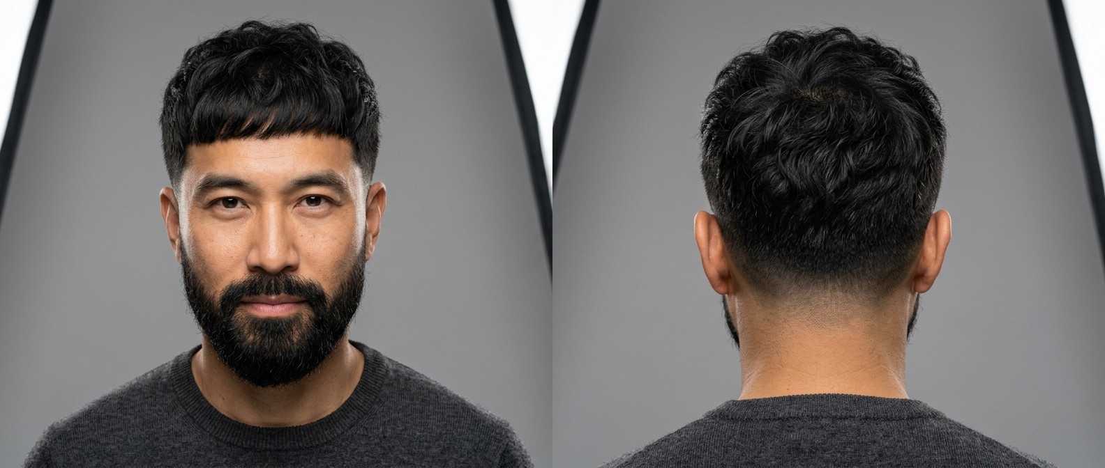 Dojrzały mężczyzna z gęstą brodą prezentujący teksturowany, falowany Edgar cut z precyzyjnym skin fade.