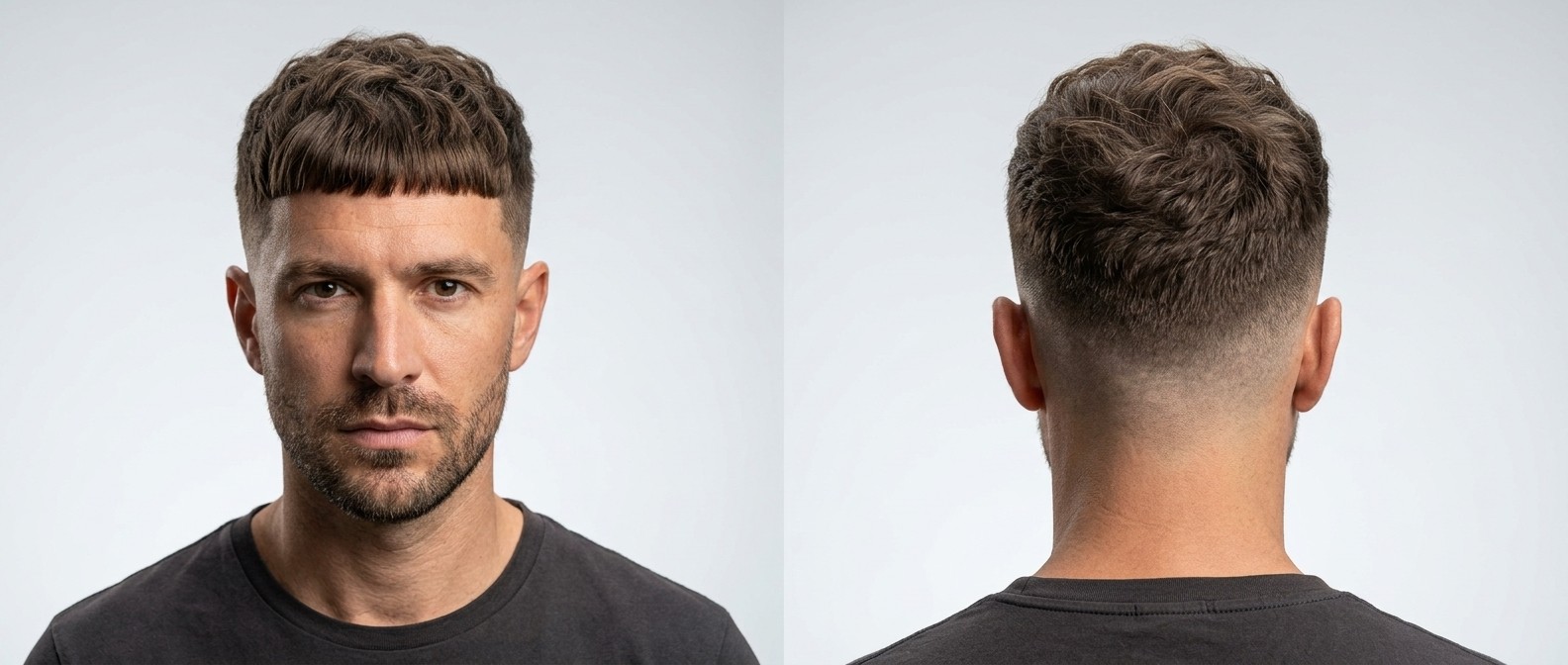 Vista frontal e lateral de um homem com corte Edgar Wavy texturizado, franja reta e high skin fade.