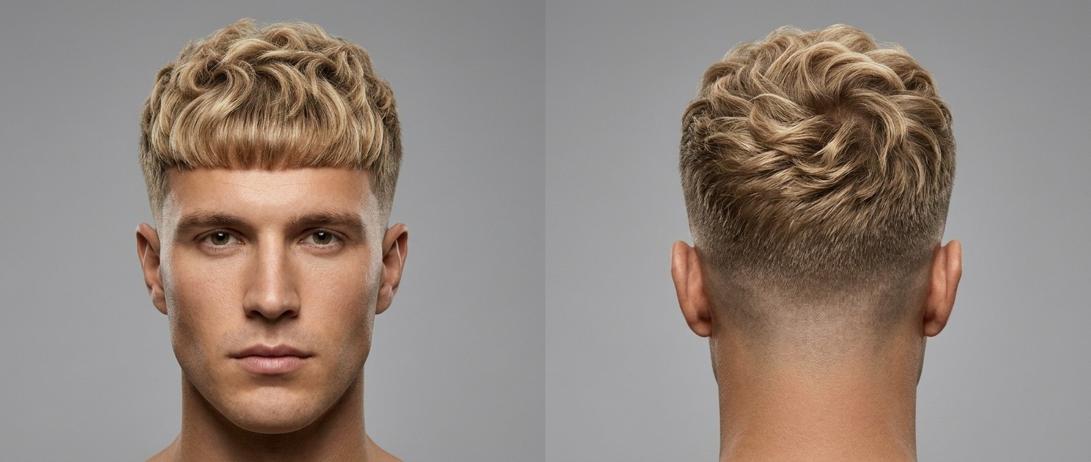 Vista frontal y trasera de un modelo rubio con corte Edgar ondulado, flequillo recto, parte superior texturizada y skin fade.