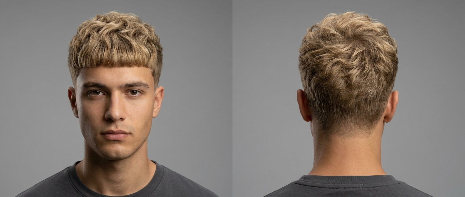 Young man with a blonde, wavy Edgar haircut featuring a thick textured top, blunt straight fringe, and very short tapered sides.