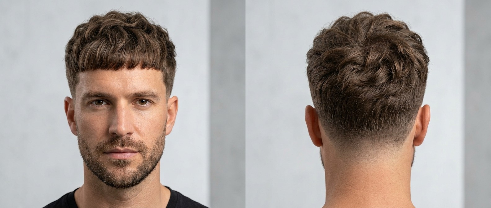 Front and back view of a Caucasian man with a textured wavy Edgar haircut, high skin fade, blunt fringe, and a short beard.