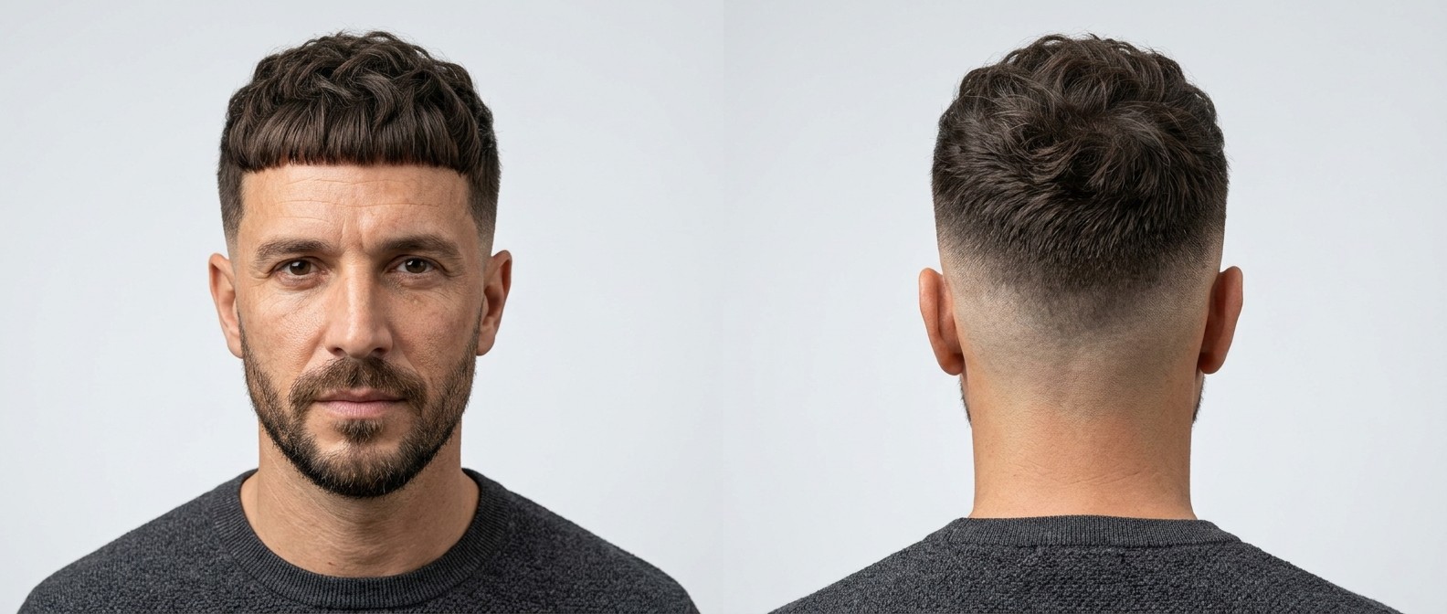 Front and back view of a 40-year-old man with a wavy textured Edgar cut, featuring a blunt fringe, high skin fade, and a short groomed beard.