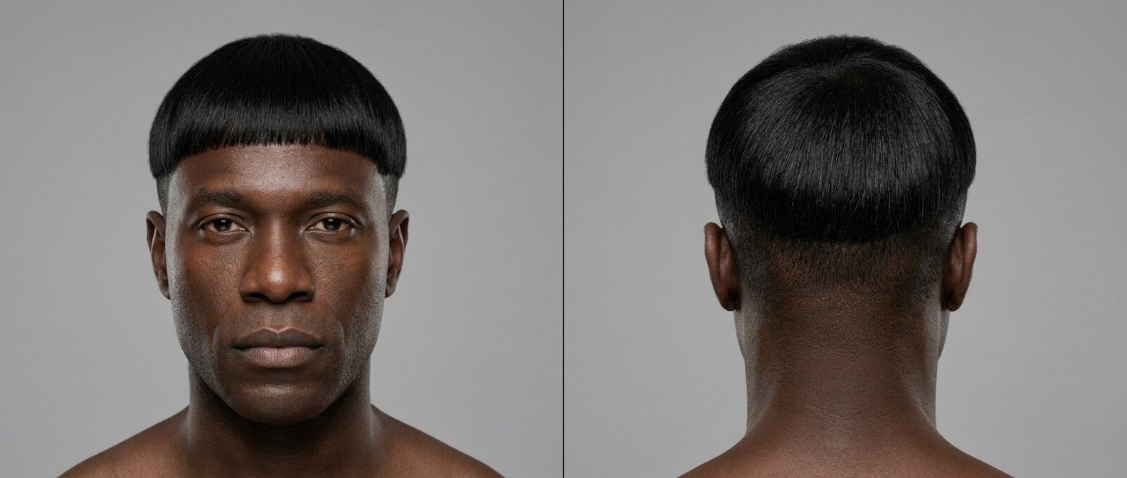 Widok z przodu i z tyłu na mężczyznę 45+ z precyzyjnym Edgar cut, ciężką prostą grzywką i wysokim wygolonym undercutem.