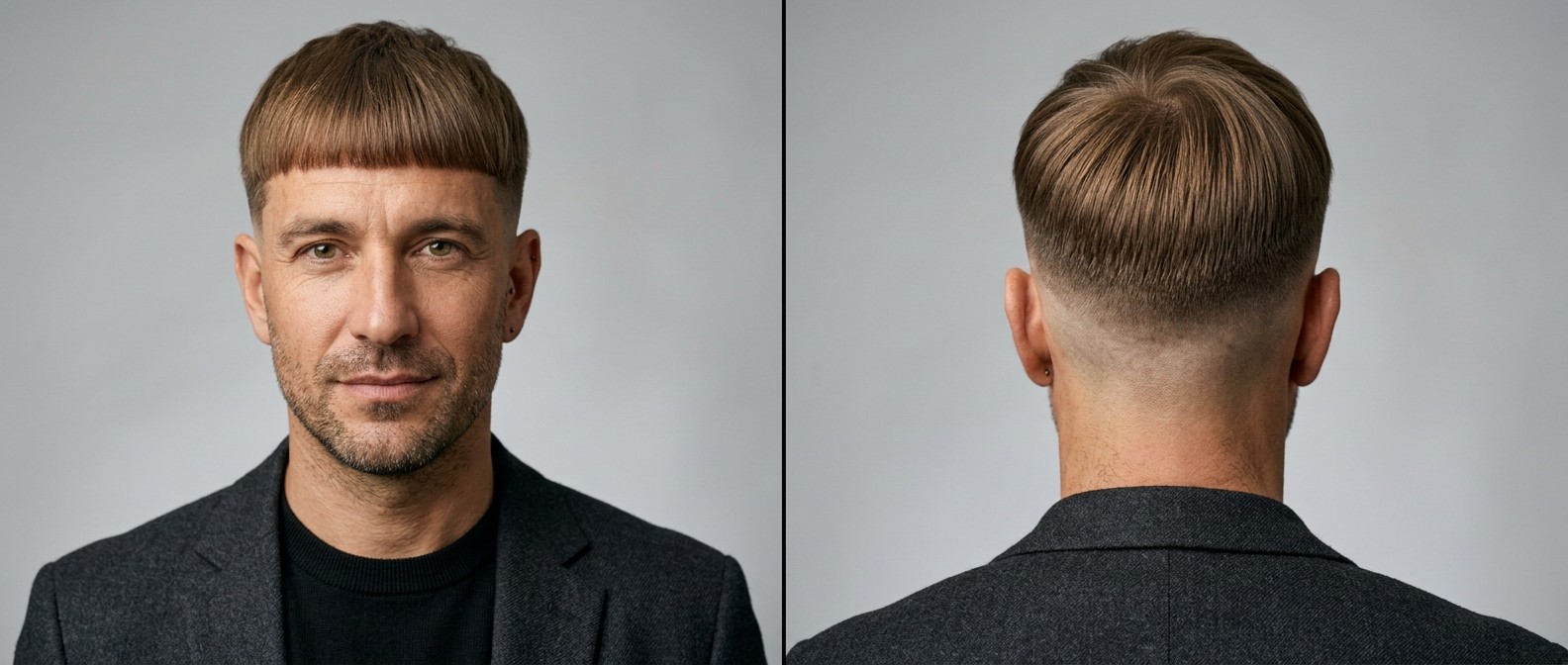 Front and back view of a mature man with an Edgar cut featuring a blunt straight fringe, heavy weight line, and high skin fade on light brown hair.