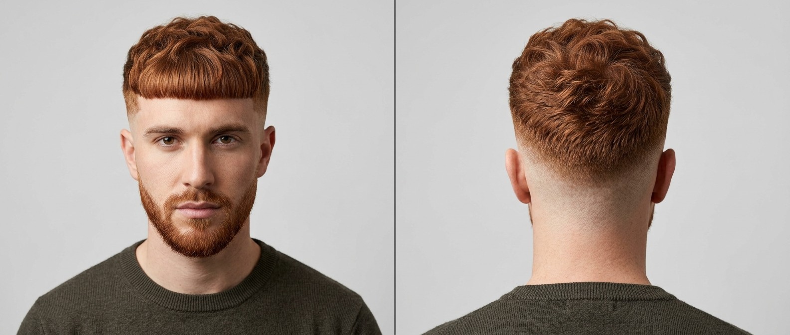 Front and back view of a young man with a wavy red Edgar haircut, featuring a blunt fringe, highly textured top, skin fade, and matching beard.
