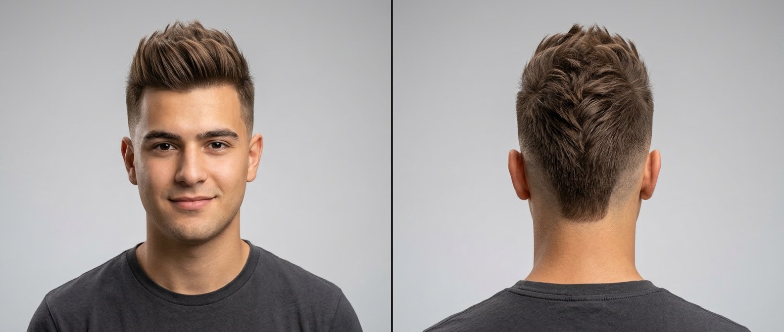 Vue de face et de dos d'un homme avec un faux hawk texturé, un mid drop fade, une finition mate et une nuque en V.