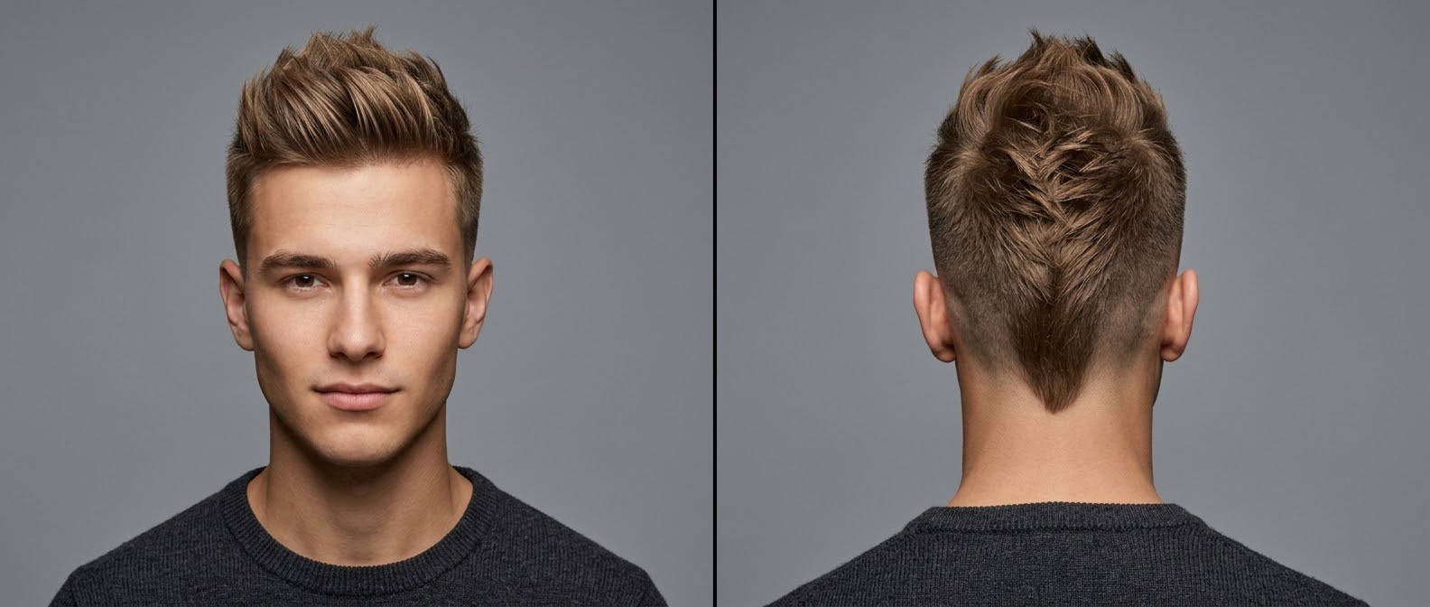 Vue de face et de dos d'un jeune homme avec une coupe faux hawk texturée, côtés courts et nuque effilée en pointe en V.