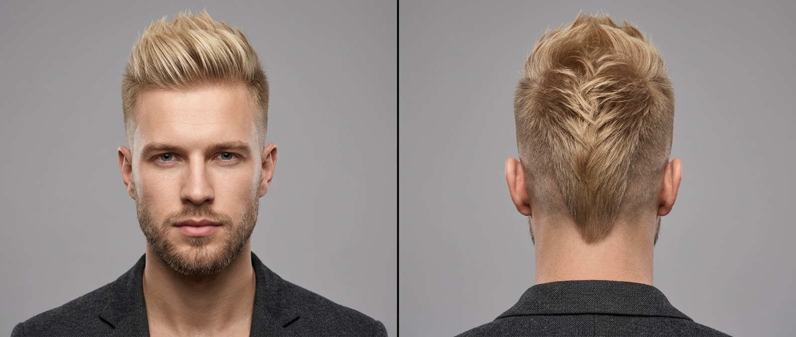 Hombre joven rubio con corte faux hawk texturizado, laterales degradados y nuca en forma de V, combinado con barba corta.