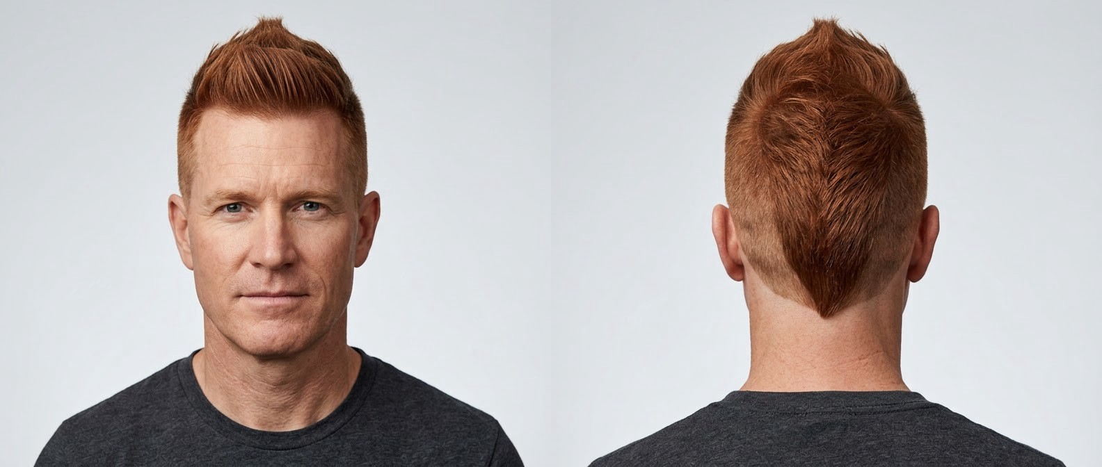 Vista frontal y trasera de un hombre de 45 años con cabello rojo luciendo un faux hawk texturizado con laterales rapados y degradado en V en la nuca.