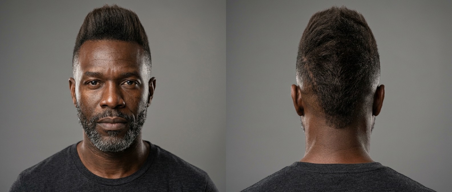 Widok z przodu i z tyłu na dojrzałego czarnoskórego mężczyznę z siwiejącą brodą, w fryzurze typu Faux Hawk z wysokim skin fade i wykończeniem w kształcie litery V.