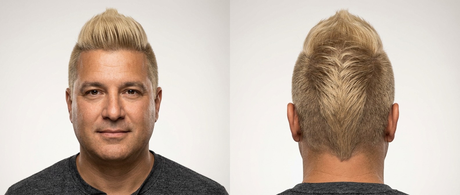 Widok z przodu i z tyłu na 45-letniego mężczyznę z blond faux hawk, krótkimi bokami i precyzyjnym cięciem w kształt litery V.
