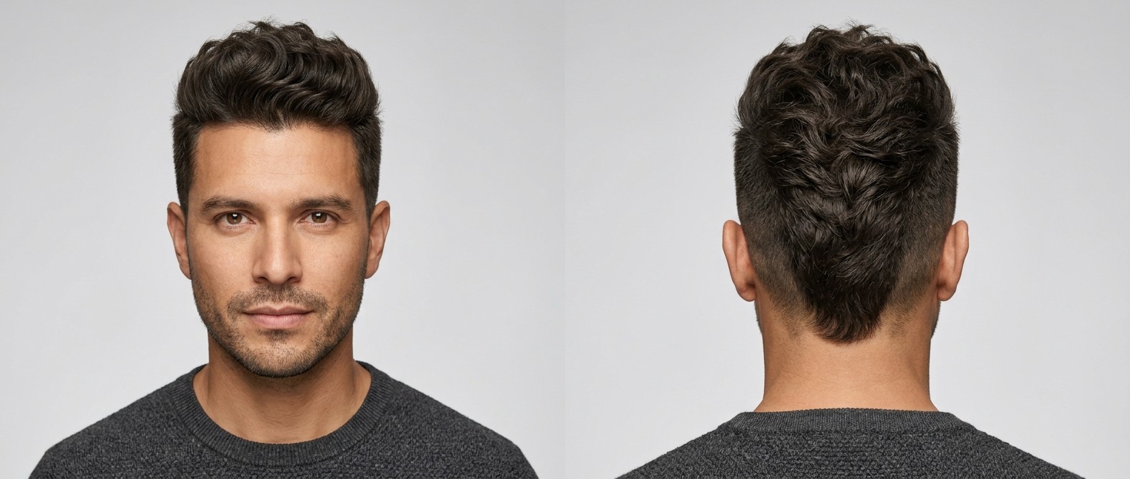 Widok z przodu i z tyłu na mężczyznę o owalnej twarzy z teksturowanym faux hawkiem, wysokim drop fade i cieniowanym karkiem w kształcie V.
