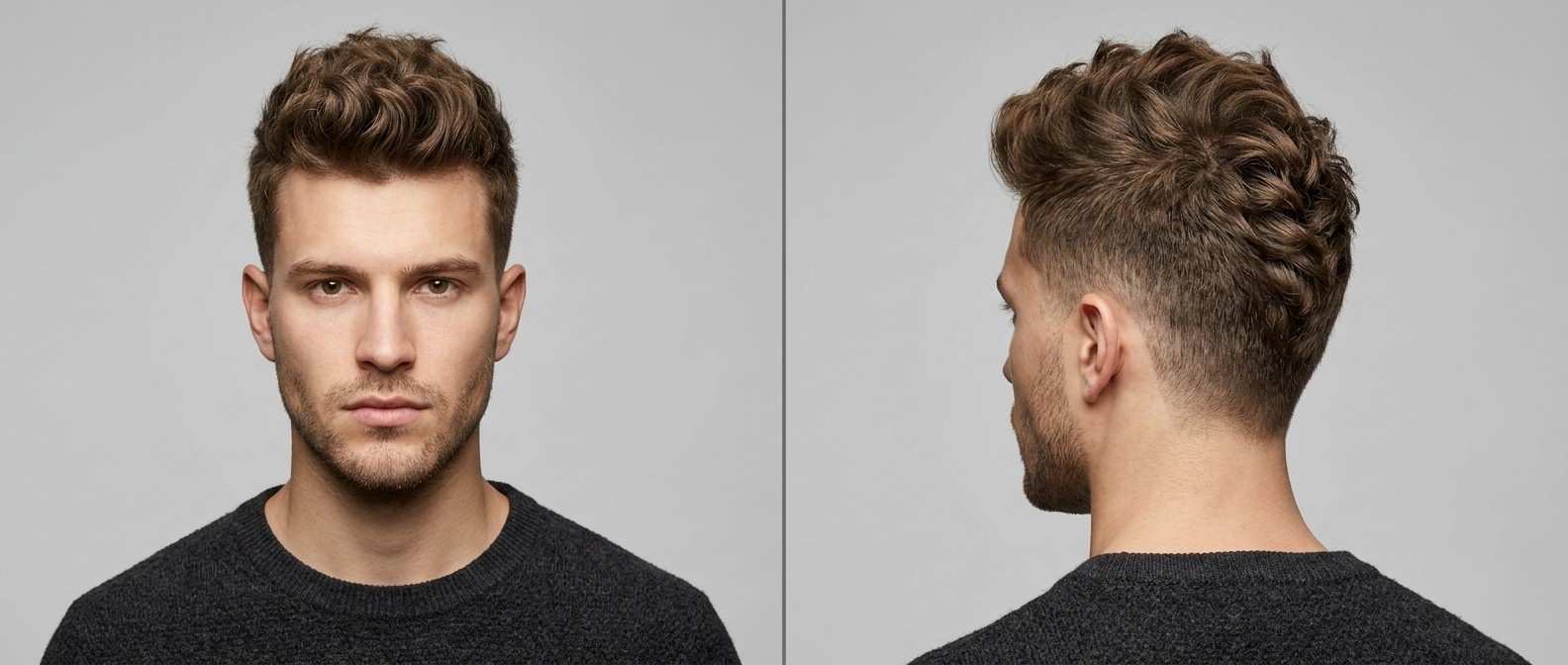 Profil młodego mężczyzny z teksturowaną fryzurą faux hawk, wycieniowanymi bokami i zadbanym zarostem.