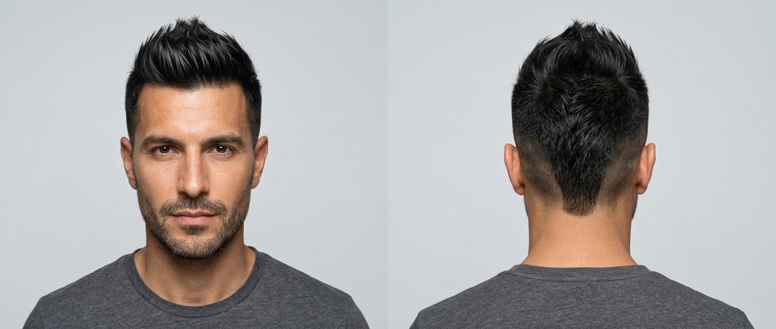Vue de face et de dos d'un homme de 40 ans aux cheveux noirs raides portant un faux hawk texturé avec high fade et nuque en V.