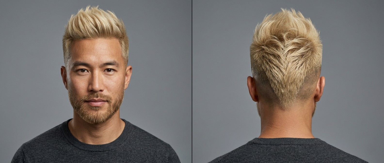 Widok z przodu i z tyłu na Azjatę z modnym blond faux hawkiem, V-shape drop fade, gęstą górą i krótką brodą.
