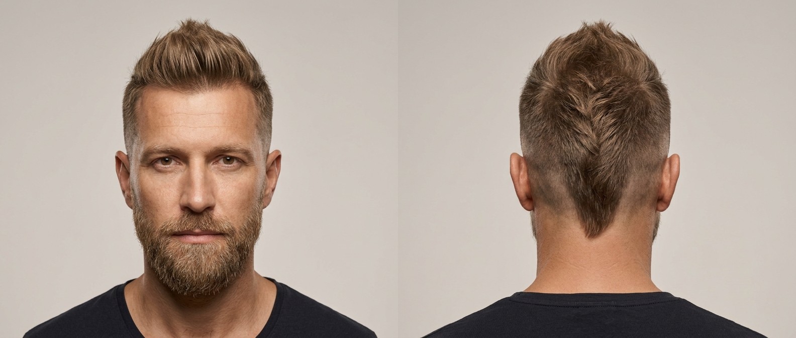 Vue de face et de dos d'un homme mûr barbu portant un faux hawk texturé avec dégradé à blanc et nuque en V.