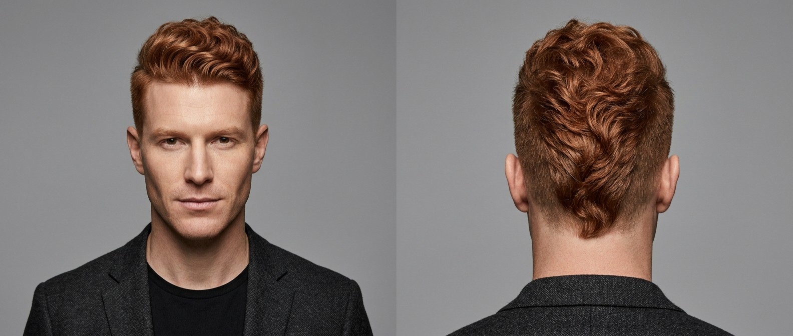 Homme caucasien de 35-45 ans avec des cheveux ondulés roux, arborant une coupe faux hawk moderne avec côtés dégradés et crête texturée.