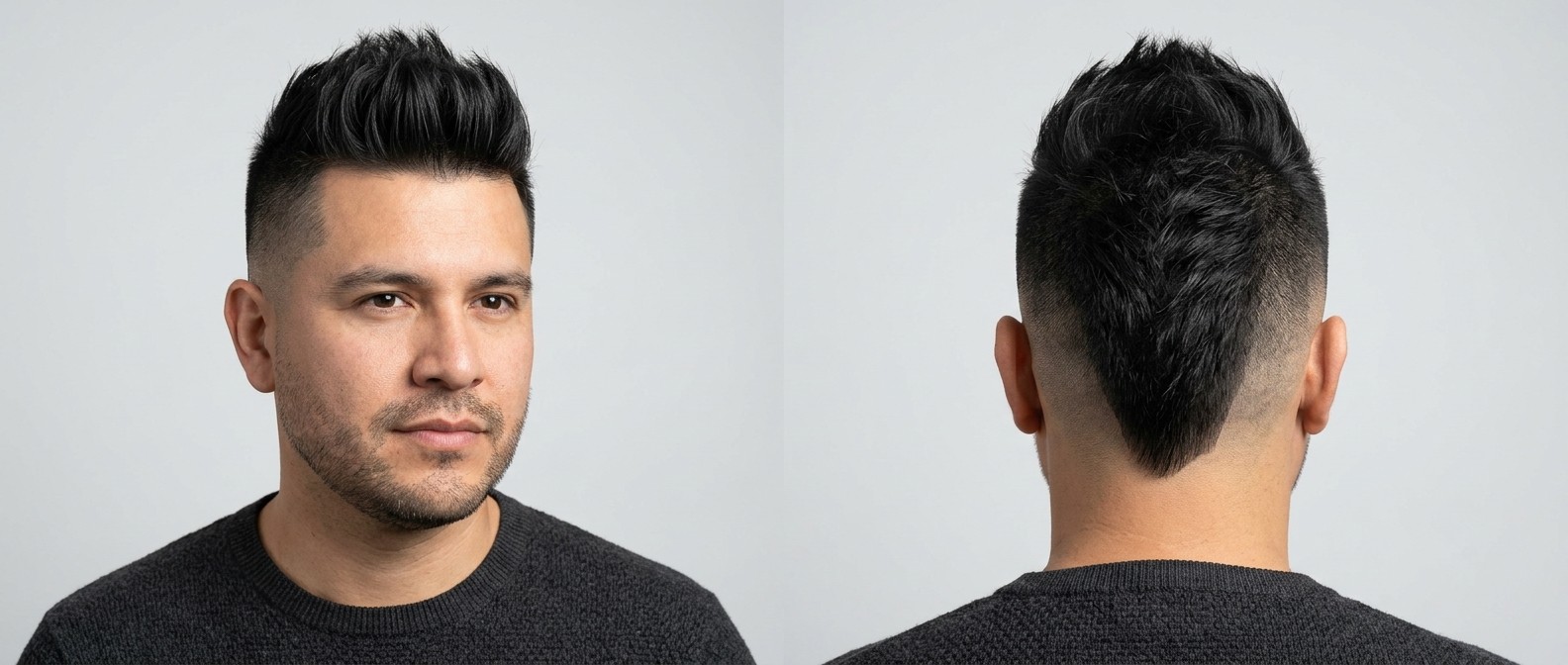 Latino man with thick black hair sporting a textured faux hawk, high skin fade, and sharp V-shaped neckline, paired with light facial stubble.