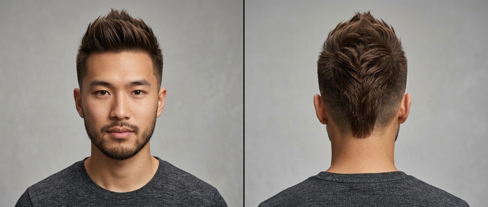 Azjatycki mężczyzna z fryzurą textured faux hawk, wysokim skin fade i wyciętym w literę V karkiem.