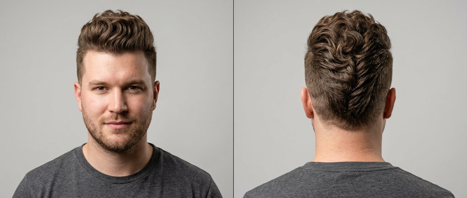 Front and back view of a Caucasian man with a wavy textured faux hawk, high faded sides, and a voluminous top styled upward, paired with neat stubble.