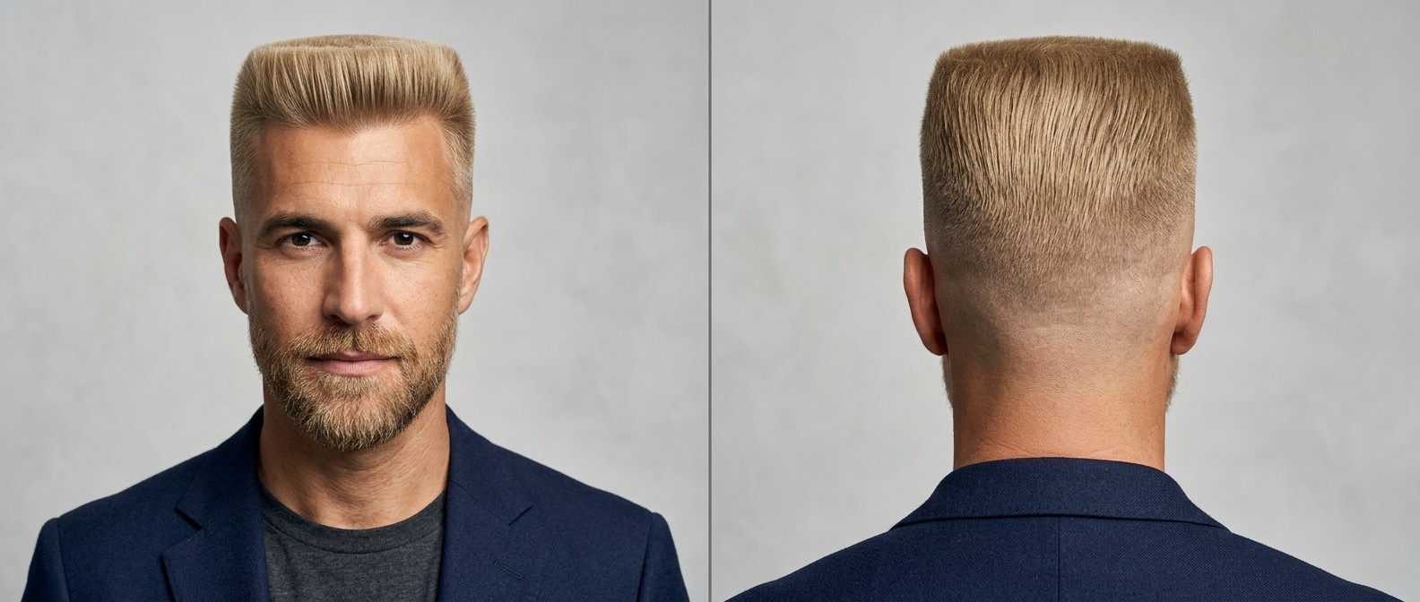 Front and back view of a mature man with a blonde flat top haircut, featuring a perfectly leveled top, short faded sides, and a neatly trimmed beard.