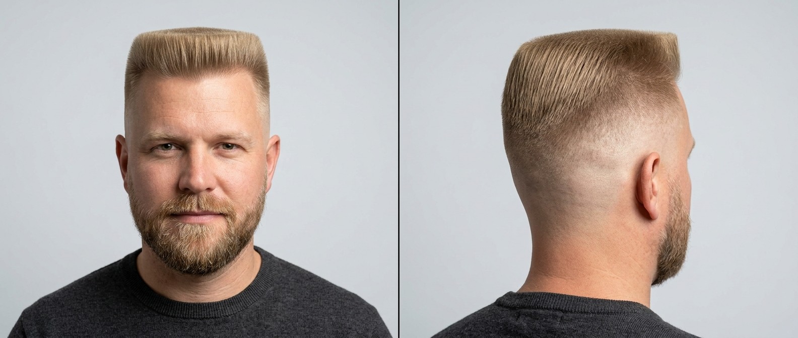 Vue de face et de profil d'un homme blond avec barbe portant une coupe flat top précise et un high skin fade sur fond gris.