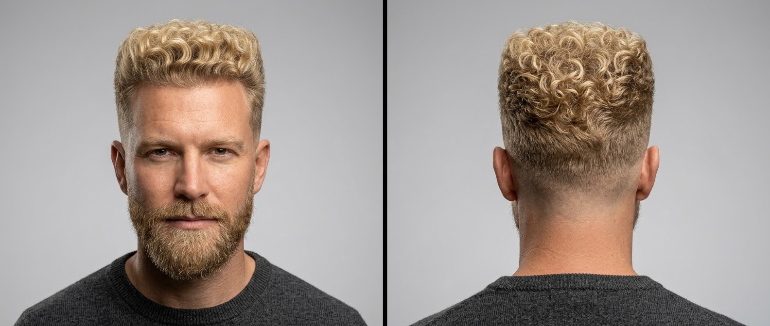 Homme blanc avec coupe flat top bouclée blonde, dégradé à blanc haut sur les côtés et barbe soignée sur fond gris.