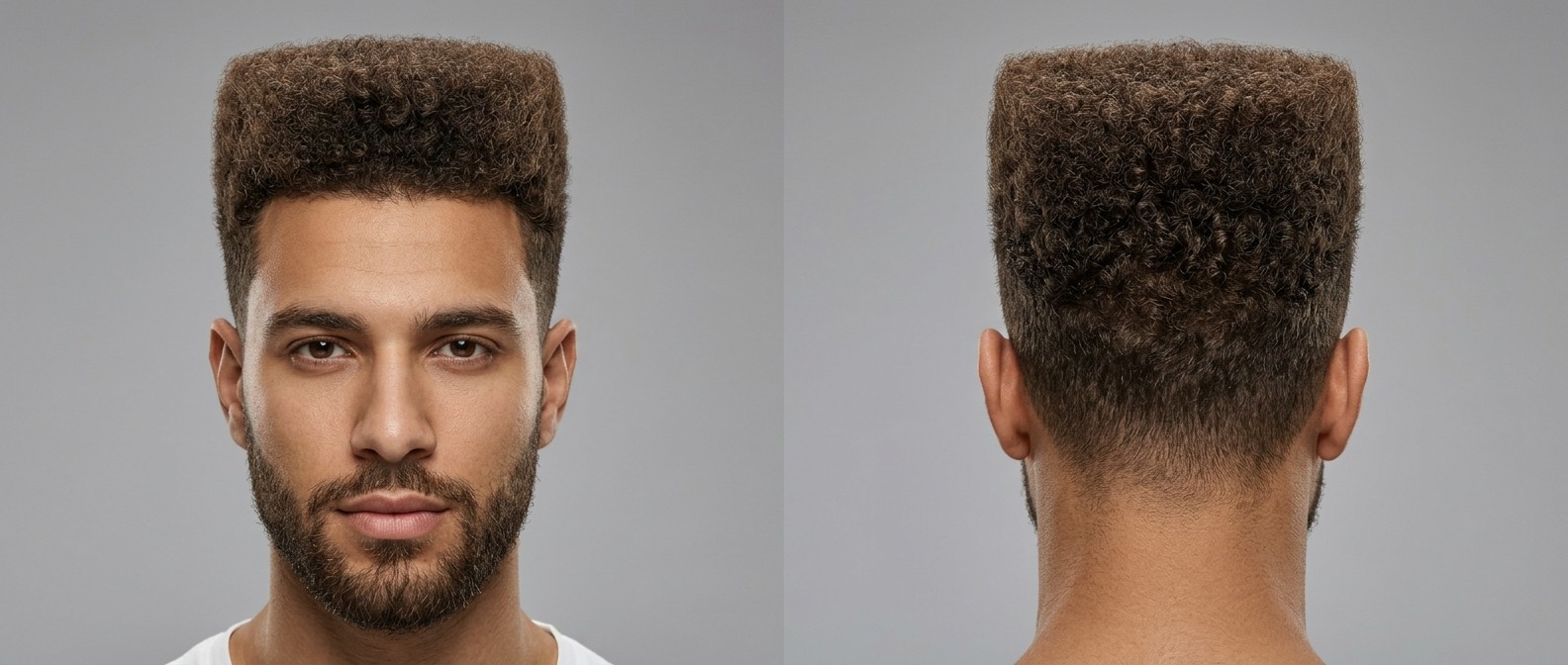 Młody mężczyzna z oliwkową cerą i krótką brodą prezentuje nowoczesny curly flat top fade, podkreślający gęste loki i geometryczny kształt.