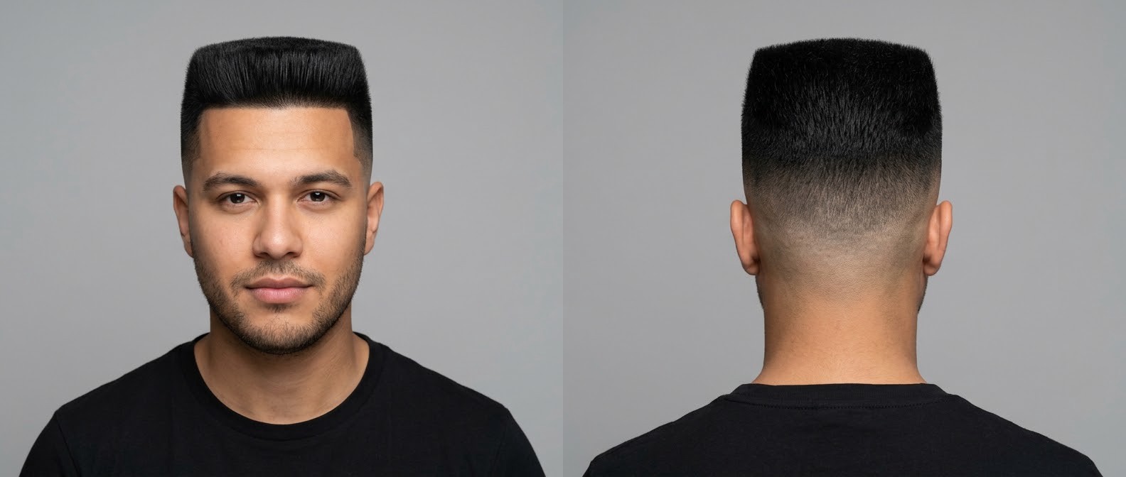 Vista frontal y trasera de un hombre joven con cabello negro luciendo un corte flat top definido con mid skin fade y perfilado frontal.