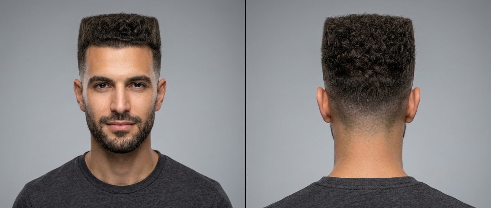 Vue de face et de dos d'un homme au teint mat avec une coupe curly flat top fade, boucles naturelles type 3 et barbe courte.