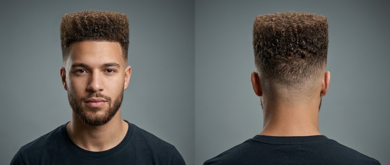 Young man modeling a textured curly brown flat top haircut with a tight skin fade, sharp hairline edge-up, and a perfectly groomed short beard.