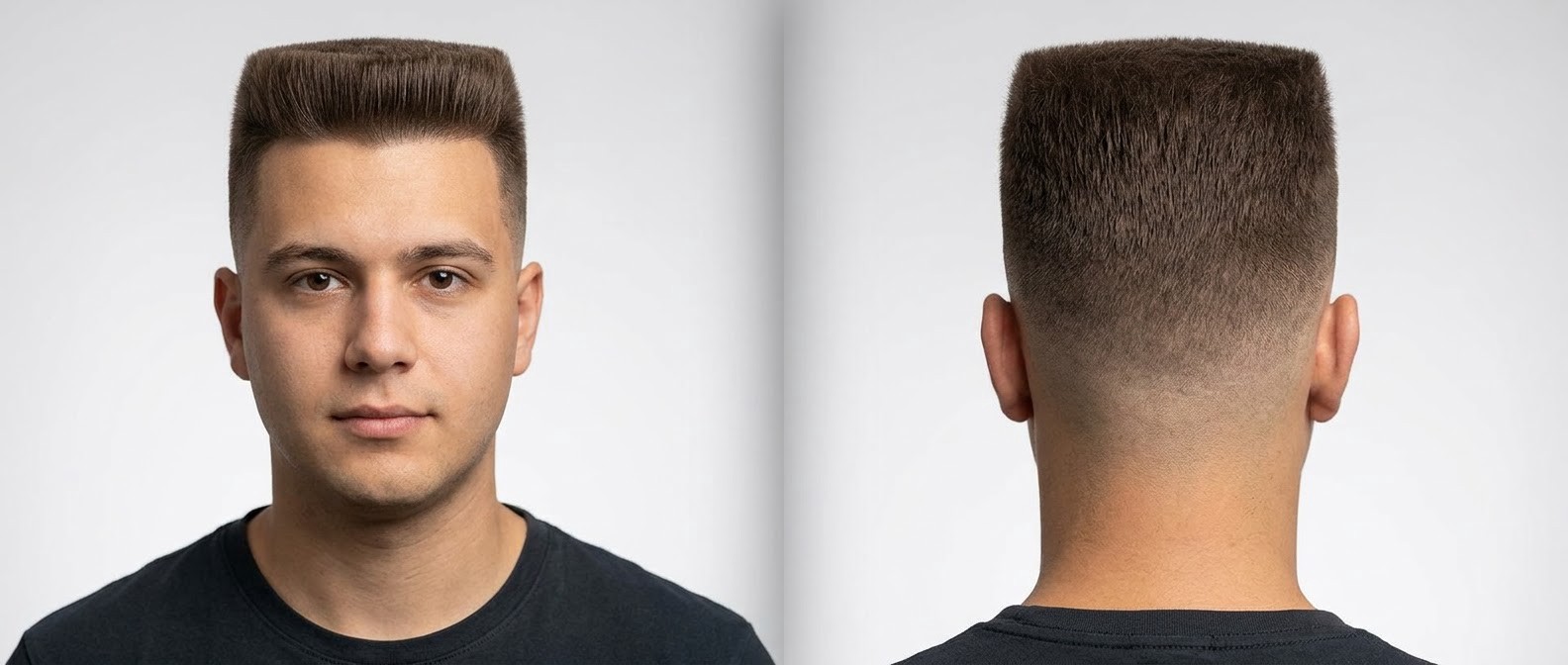 Widok z przodu i z tyłu młodego mężczyzny z fryzurą flat top, gęstymi brązowymi włosami, wyrazistym line up i cieniowaniem high skin fade.