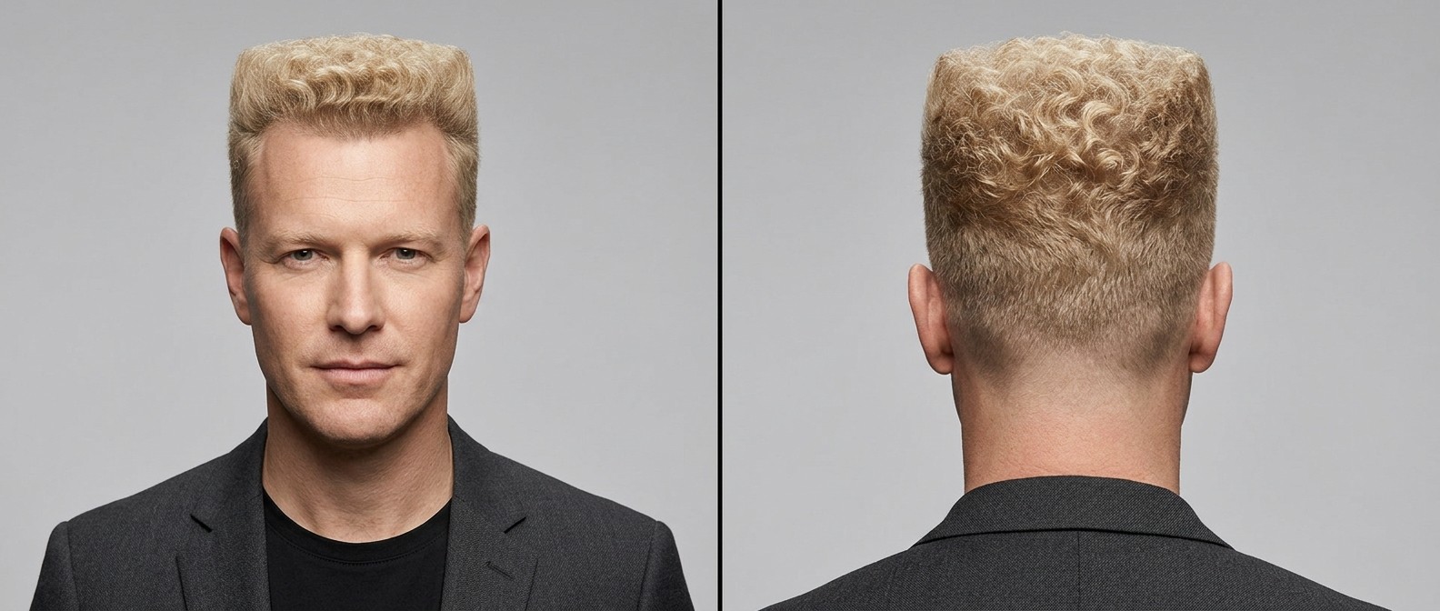 Widok z przodu i z tyłu na dojrzałego mężczyznę z blond włosami w fryzurze curly flat top z krótkimi bokami.