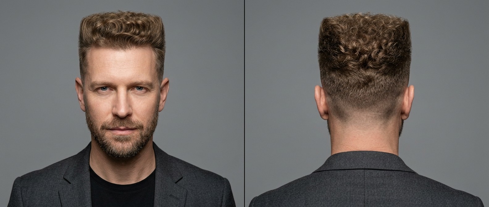 Widok z przodu i z tyłu na dojrzałego mężczyznę z teksturowaną fryzurą curly flat top, wysokim skin fade i krótko przystrzyżoną brodą.