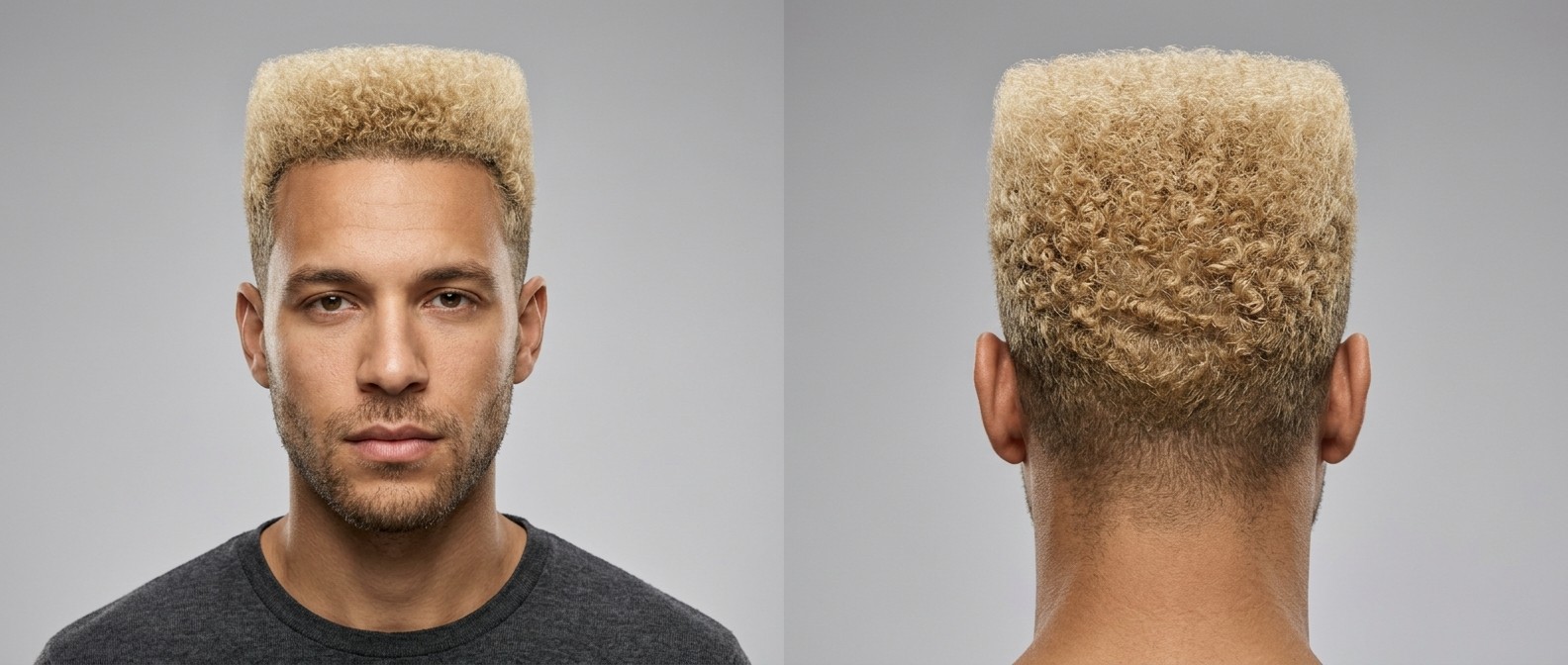 Jeune homme au teint olive portant un Flat Top Fade blond décoloré, mettant en valeur des cheveux de type 4 et une silhouette architecturale nette.
