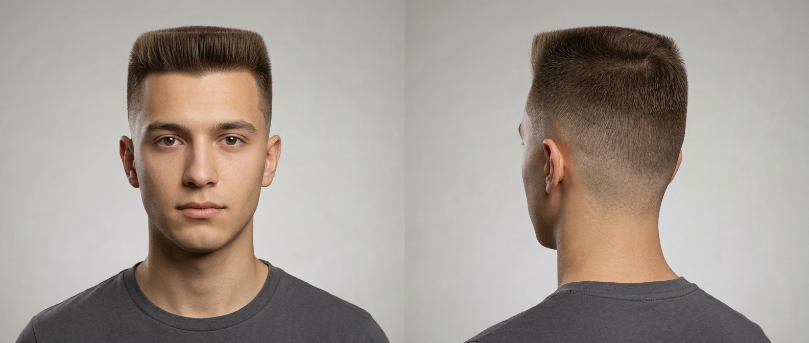 Vorder- und Rückansicht eines jungen Mannes mit modernem Flat Top, präziser horizontaler Oberseite und nahtlosem Mid Fade.