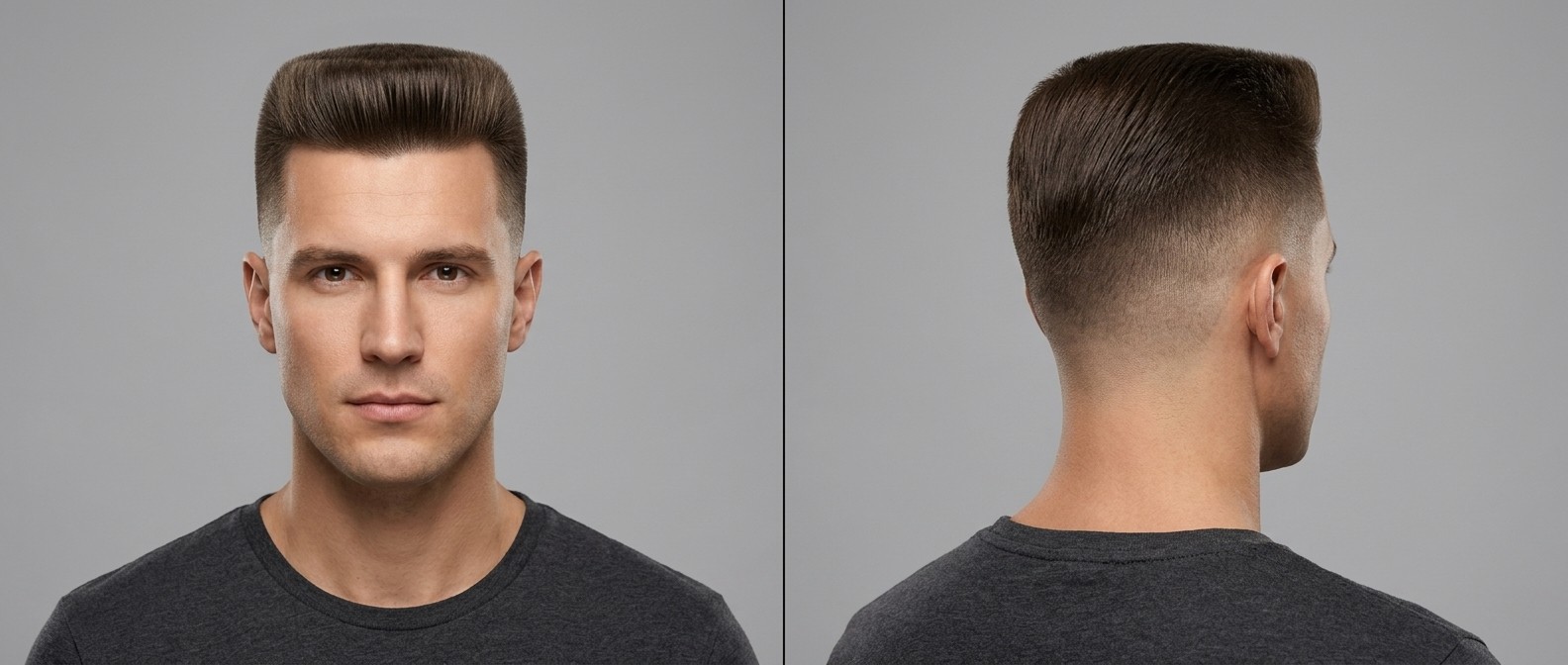 Vorder- und Rückansicht eines Mannes mit dunkelbraunem Haar, der einen präzisen Flat Top mit High Skin Fade und scharfen geometrischen Linien trägt.